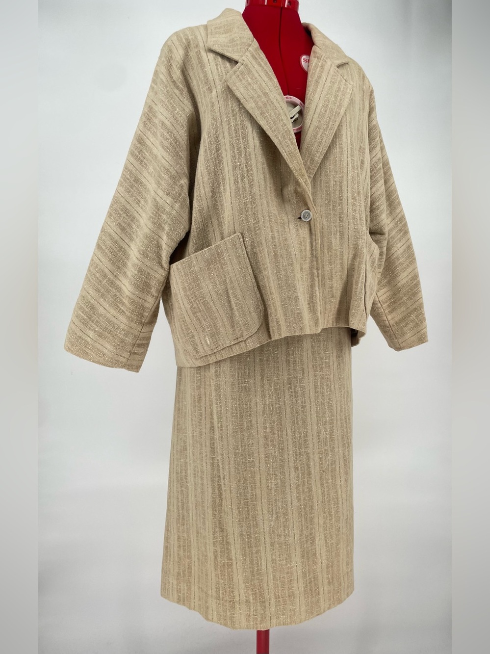 50s 60s Dolman Sleeve Natural Cream / Tan Woven Skirt Suit Jacket & Shift Skirt